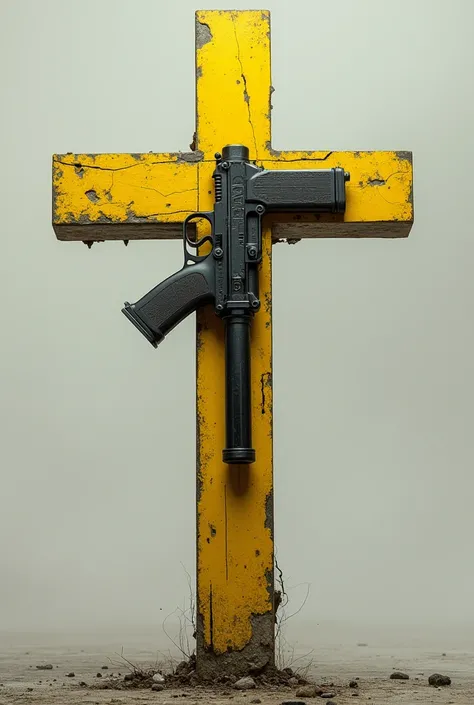 Picture of a yellow cross with pistol features with gun features everywhere