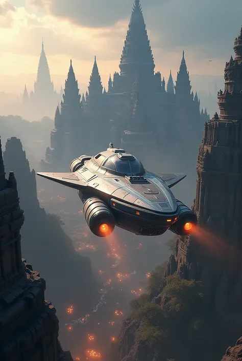 A visually striking image that evokes science fiction, like a futuristic Angkor Wat ,cityscape, a spaceship soaring through space, or a robot interacting with humans.