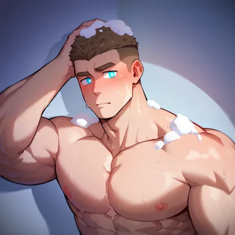 anime characters：Gyee, 1 muscular tough guy, Manliness, male focus, Buzz cut, naked, sweaty, big penis, pink nipples, shirtless, sweaty body, The pectoral muscles are oversized, muscular male, muscular, only, Upper body, alone, light brown short hair, Thic...