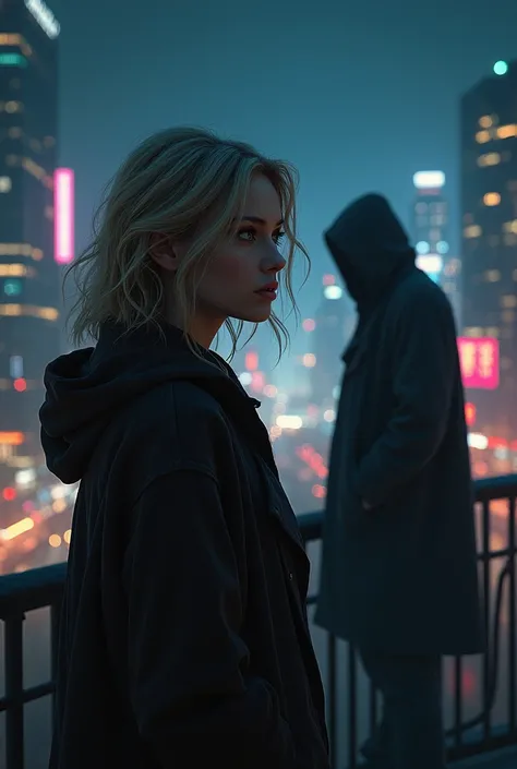  Blonde girl in the background of the city at night. behind her, a man in a hood is standing . 