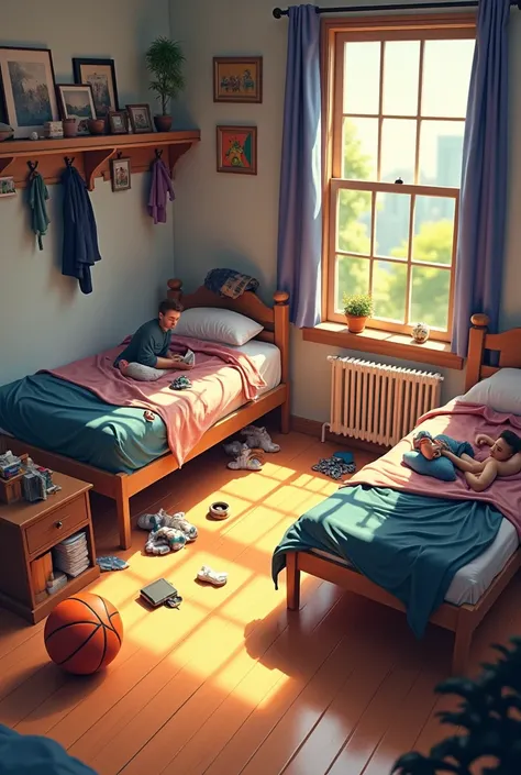 Spacious room where teenagers and men sleep, one bed with clothes in the bed and untidy and the other bed in order, the floor is made of wood and decorated with basketball. 
