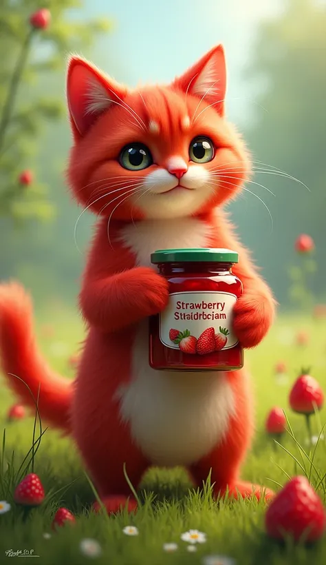 ral-confiture de fraises, un  chat fraise debout dans un pré comme un humain 