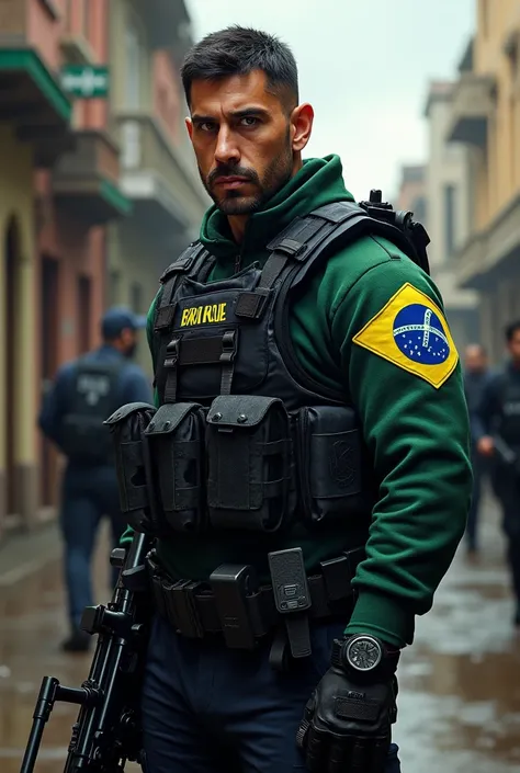 Special operations police officer with the Brazilian flag 