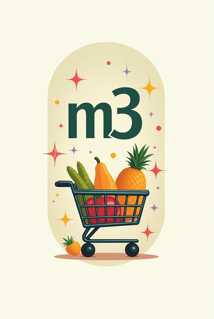 Logo named M3 with vertical oval shape, having magic stars and a shopping cart. The cart holds the M3 logo and household food consumables