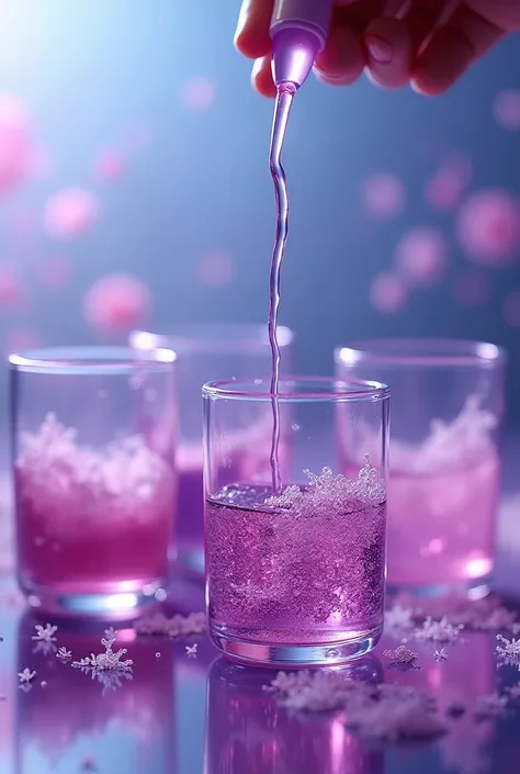 Lilac liquid poured with a pipette into precipitated glasses that are with these liquids 