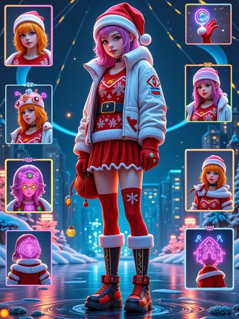 A photorealistic character sheet in a 9x9 grid layout featuring a single consistent character,  Cyberpunk style fatal girl wearing a Christmas costume ,  Each pocket shows a different aspect of her design ,  include a close-up of her eye-catching features ...