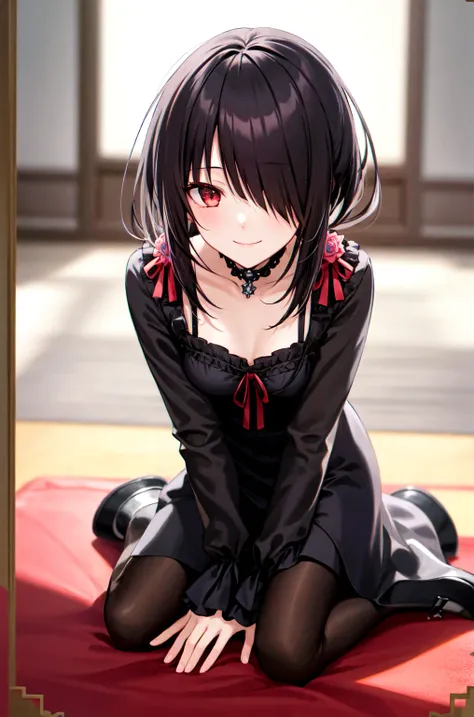 1 Girl,  unique , Kneel down, constellation, 
cc Hulumi , Long hair, Low double ponytail, Hair Flower,  with hair on one eye, Hairpin, Gothic,  black dress , ribbon, pantyhose, 
slippers, 
Sitting,  Smile,  looking at the audience, 
Lean forward, 
Indoors,...