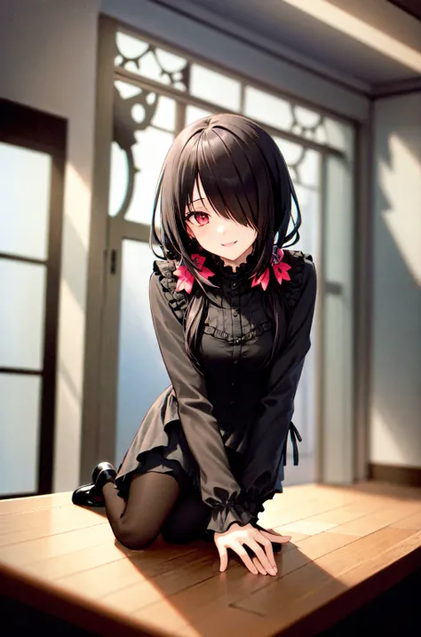 1 Girl,  unique , Kneel down, constellation, 
cc Hulumi , Long hair, Low double ponytail, Hair Flower,  with hair on one eye, Hairpin, Gothic,  black dress , ribbon, pantyhose, 
slippers, 
Sitting,  Smile,  looking at the audience, 
Lean forward, 
Indoors,...