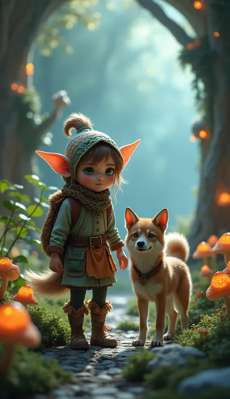 A mini elf with a mini wolf in the enchanted world