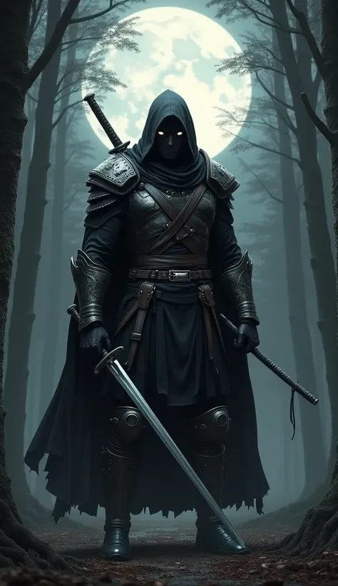 Image is a digital illustration featuring a mysterious, armored figure standing in a dark forest. The character is dressed in a black, hooded cloak and mask, revealing only their eyes, which are striking and intense. The outfit includes leather straps and ...