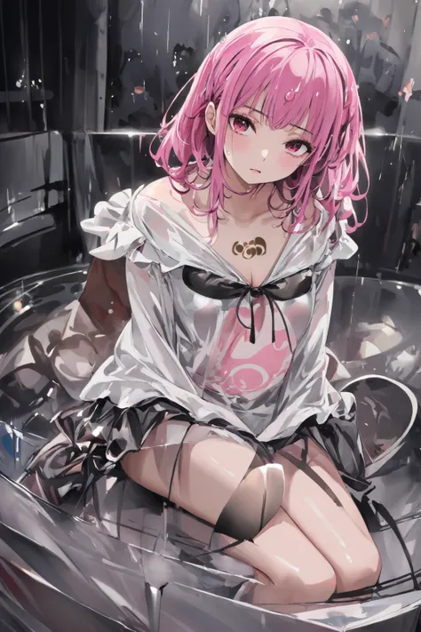 anime、 1 girl、 slender、 miniskirt、 Big Breasts 、Thighs、 beautiful feet、 clothes that allow you to see the chest 、 pink hair、 super detailed、Dark look、Dead Eyes、Slanted Eyes、Cruel atmosphere、The world is on the verge of ending、rain、Wet clothes、villain、 best...