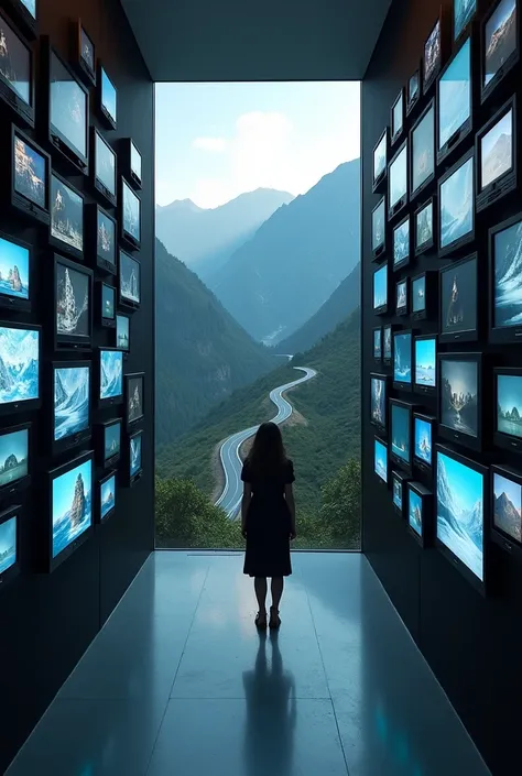 many tvs on the two museum walls and the medium is the mountain road. also, the sky is night and morning day 