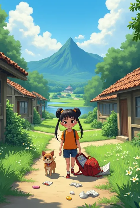 background: atmosphere pedesaan yang asri dan tenang.  Simple dwellings with green and lush courtyards . Di kejauhan,  looks like a towering mountain and a quiet flowing river .
characters: gita,  a beautiful  girl with long hair in a double pigtail,  wear...