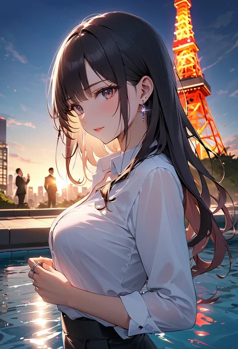  best quality,  amazing,delicate,  super detailed, beautiful, 8k ,  1 girl,  black long hair by lla,Business shirts,  business pants 、 earrings for a woman alone, Outdoor、Married Woman,sunlight、Clear skies、Night pools in Tokyo、Skyscrapers in the background...