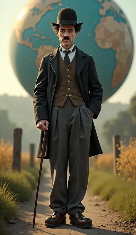  Front View, actor,  English, Charlie Chaplin,  derby hat and  cane,  big shoes, German  of the Good Shepherd  ,have a balloon Earth, Better safe than sorry
 (Highly refined muscles, far and near method, Canon, anatomically accurate , super detail)