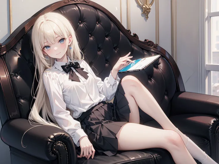 (( masterpiece )), (Smooth skin ), ((high detail)),    won the Best Quality Award  , 8K,     pretty girl ,    suit jacket， White Shirt ， black pleated skirt   ,    Black Pantyhose , Black leather shoes,   soft smile，Smile gently， full body portrait，   sitt...