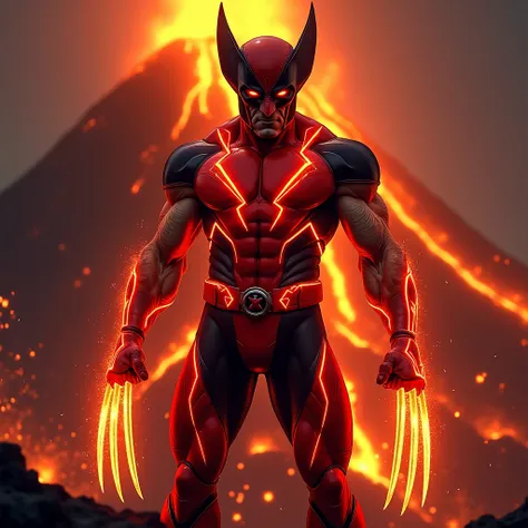 A realistic full-body image of Wolverine, his iconic red and black suit redesigned with glowing neon red lights that pulse like fire, tracing fiery patterns along his muscular frame. His adamantium claws glow molten red, as if heated to searing temperature...