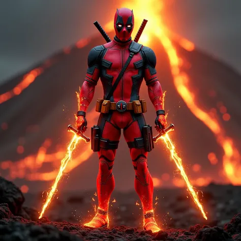 A realistic full-body image of Deadpool, his red and black suit now infused with glowing neon red lights that pulse like fire, with fiery veins running across his body. His swords glow with molten energy, casting a fiery reflection on his mask, which has g...