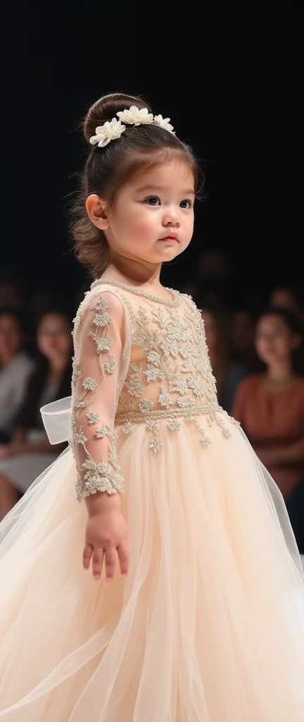 a cute baby girl in embroidered gown, closing fashion week.