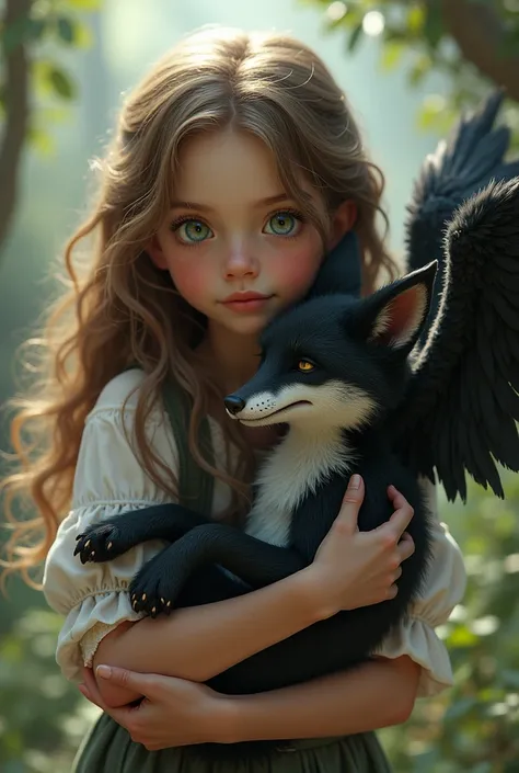  A girl with brown hair and blue eyes. She has a fox with black wings in her arms . 