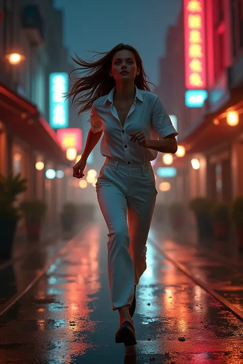 Brown-haired 22-year-old woman , dressed in a white blouse and pants running on a street at night