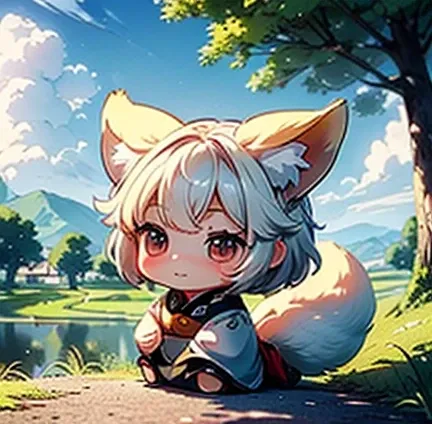 (masterpiece:1.2,  best quality),( Very detailed),8k, wallpaper,Pastoral idyll,((cute，Chibi character，Baby kitsune:1.2)),Rural landscape、natural beauty、(Ghibli Style)