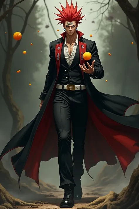 For a handsome, strong, emo male anime cinematic character with blood red mohawk hair, wearing earrings, a tattoo of Japanese kanji writing on his face above his left eye, wearing a long suit Black color with red accents e White color, wearing black trouse...