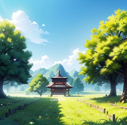 (masterpiece:1.2,  best quality),( Very detailed),8k, wallpaper,Pastoral idyll,((cute，Chibi character，Baby kitsune:1.2)),Rural landscape、natural beauty、(Ghibli Style)