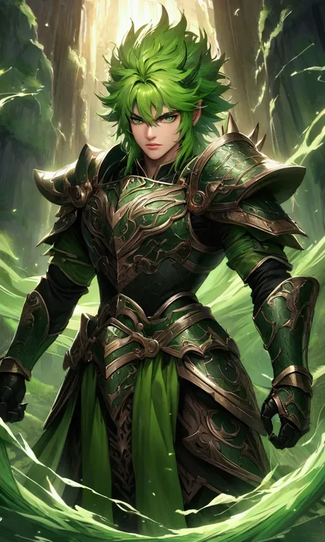  draw a warrior with knights of the zodiac style armor in black and green. Green wind details on armor . White spiky hair.  green eyes. Armor color black and green. warrior man. knights of the zodiac.