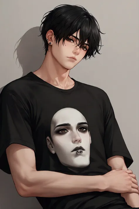 Score_9, score_8_up, score_7_up, (((source_anime))), masterpiece, detailed, beautiful colors, 1man, ((masculine)), ((male)), younger man, 21 years old, black short hair, ((middle part)), dark brown eyes, dark eyelids, lip piercing, eyebrow piercing, earrin...