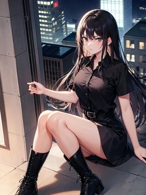 girl,  long black hair ,  black eyes, blank stare, black short sleeve shirt, corbata negra larga, Black miniskirt, black boots, ((Above a building at night)),(High quality 4k)