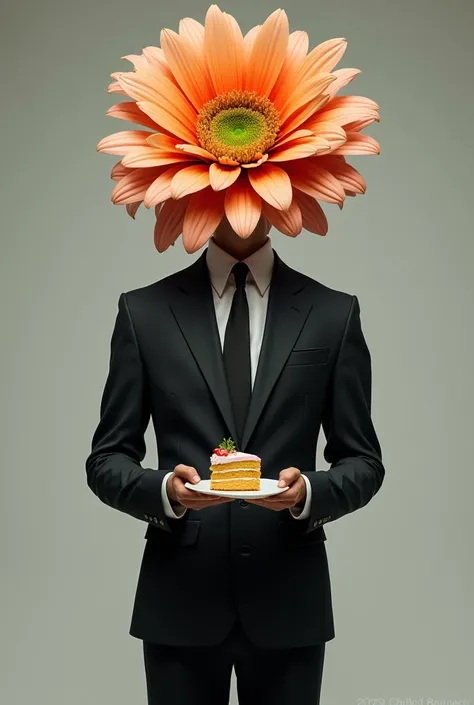 Has a flower head, a human body, wears a black suit and holds a cake in his hand.