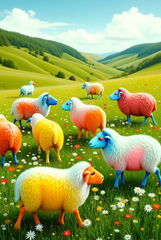 ultra-realism, keith haring colorful style, simple line initialism, abstract art, pastoral idyll, meadows, sheep grazing,