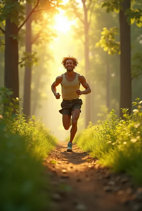 a  running on a path, 3d rendering, photorealistic, highly detailed, dynamic pose, joy expression, golden hour lighting, lush green nature background, sunlight filtering through trees, bokeh effect, intricate textures, volumetric lighting, hyper realistic,...