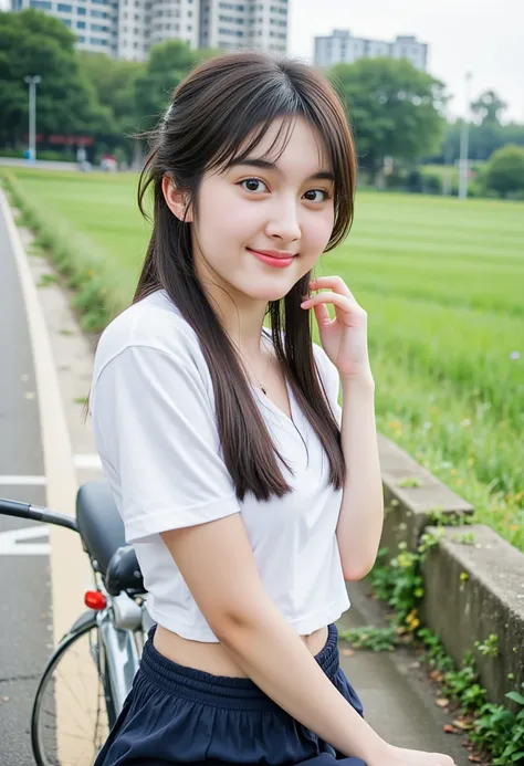 warn : Asian girl ,  sitting on a black scooter ,  smiling for camera .  She wore a short-sleeved white shirt and a dark blue skirt..  she has hair gathered in a ponytail ,  adds color to her face. . . Scooter parked on the side of the road ,  with a red b...