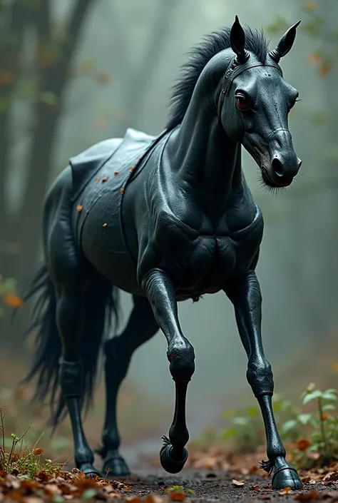 Create a chilling hybrid creature fusing the speed and grace of a horse with the strength and resilience of an ant. Its body is a grotesque fusion of sleek, black exoskeleton segments covering powerful horse-like muscles. Six legs, jointed like an ant’s bu...