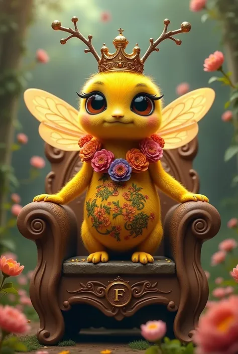  Bee with drawings of FLOWERS inside her animated body, with a flower necklace with the initial F , with a crown,  sitting on a throne
