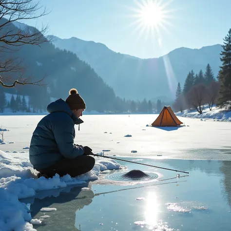 masterpiece, winter, a man is sitting and  doing Japanese smelt ice fishing,focus on a samll hole on lake in the foreground, Frozen water, there’s a small camp tent,sparkling frozen lake surface reflecting sunlight, bright sunny day, distant mountain backg...