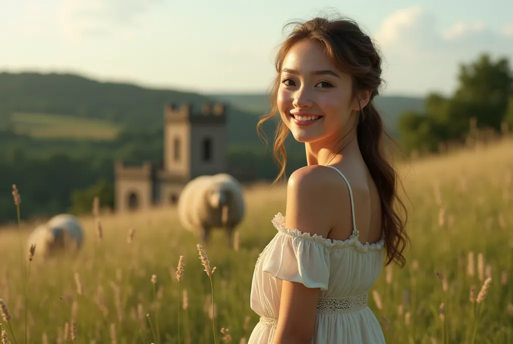 ((masterpiece, highest quality, Highest image quality, High resolution, photorealistic, Raw photo, Extremely detailed CG unified 8k wallpaper)), (huge stunning goddess shot, very hot and sexy, jaw-dropping beauty, perfect proportions, beautiful body, slim body beauty:1.4), Pastoral Idyll, English countryside, sheep and pasture and old churches, young women and old fathers, smiling faces,