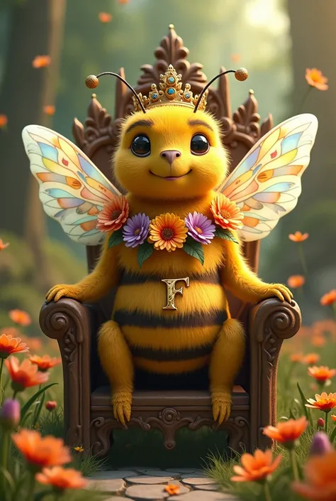  Bee with drawings of FLOWERS inside her animated body, with a flower necklace with the initial F , with a crown,  sitting on a throne
