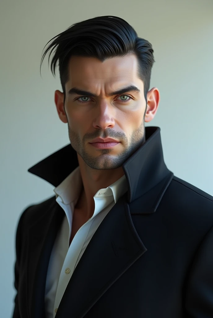 Create a strong tall man with well-cut straight black hair with dark blue eyes and a striking look and white skin 