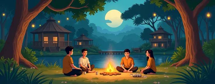  peaceful and lively scene of a traditional Indonesian makrab (night gathering) in a lush, tropical forest, illustrated in a cartoon style. There are five people gathered around a small bonfire, enjoying the event. and all individuals are dressed in modest...