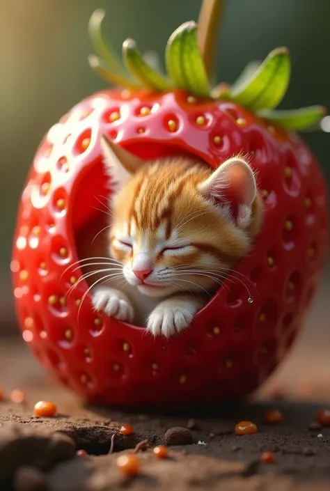 A 3-centimeter Munchkin kitten sleeping inside a hollowed-out strawberry, its tiny pink nose peeking out from the opening, while a droplet of morning dew rests on its whiskers.”