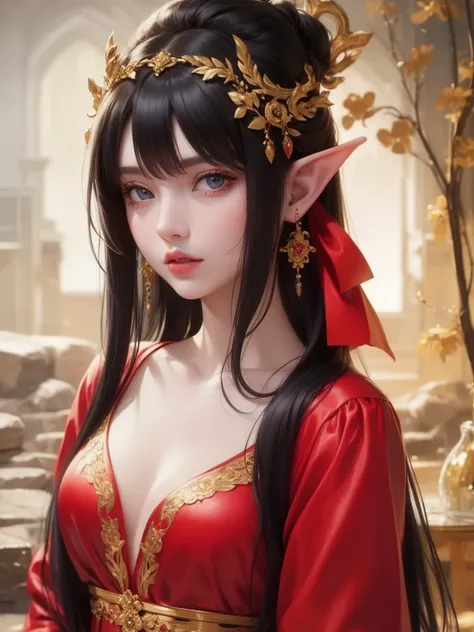 PastelGothAI, Elf, Pointed ears, Black hair and red silk