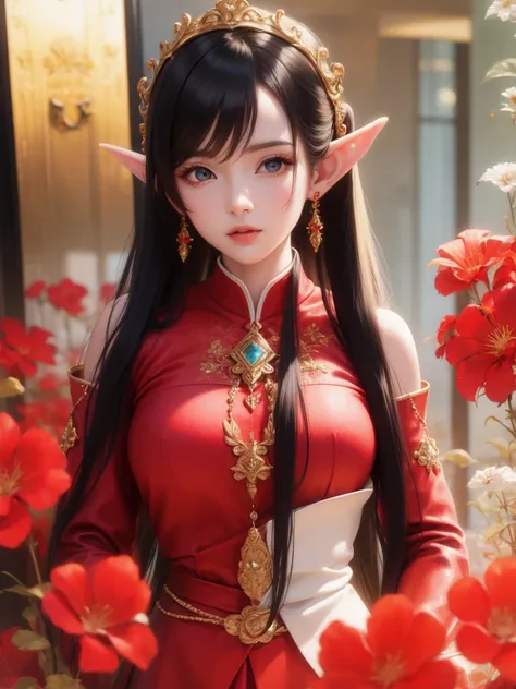 PastelGothAI, Elf, Pointed ears, Black hair and red silk