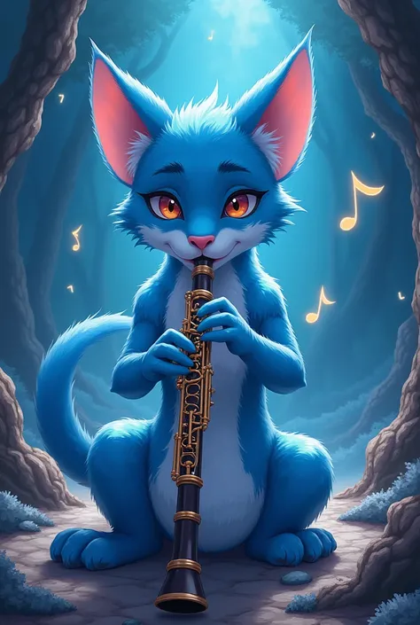 Anime: R&B Rock music CD album cover with anxious and magical vibes, featuring blue goatfish/snow leopard playing clarinet 