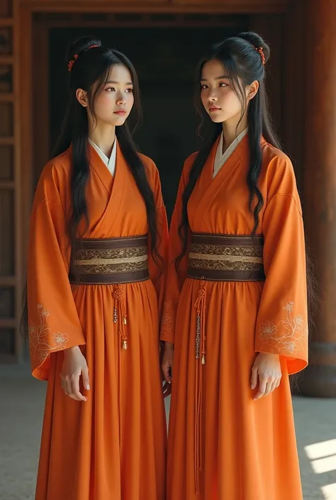 Teen Asian Twin Girls Wearing Ancient Orange Japanese Holy Robes. Each with One Long Sleeve and One Sleeveless.