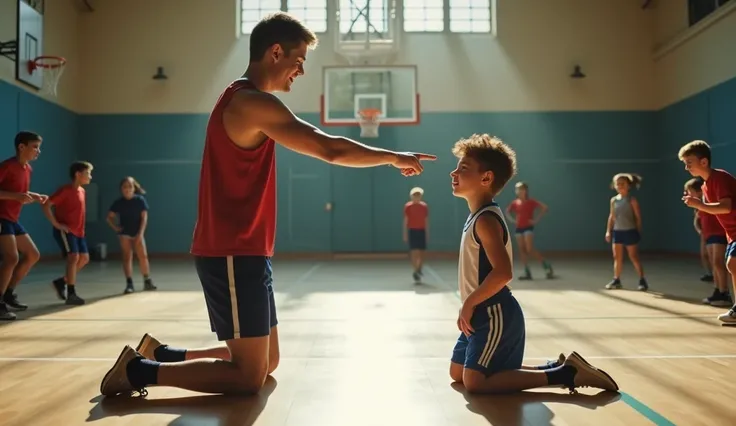 Un gymnase d’école avec un éclairage tamisé, des équipements sportifs en arrière-plan comme des cordes à grimper, des paniers de basket et des tapis de gymnastique. Au centre de la scène, un élève athlétique et autoritaire, en tenue de sport, pointe du doi...