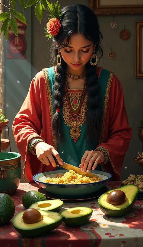 Obra de arte,  a beautiful indigenous Amerindian  ((( is cutting and cooking several avocados))) In a house  ((( in 17th century Peru ))).