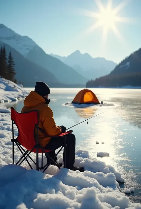 masterpiece, winter, a man is sitting on a camp chair and doing smelt fishing,focus on a 釣り糸in the foreground, Frozen water, there’s a camp tent,sparkling frozen lake surface reflecting sunlight, bright sunny day, distant mountain background, soft impressi...